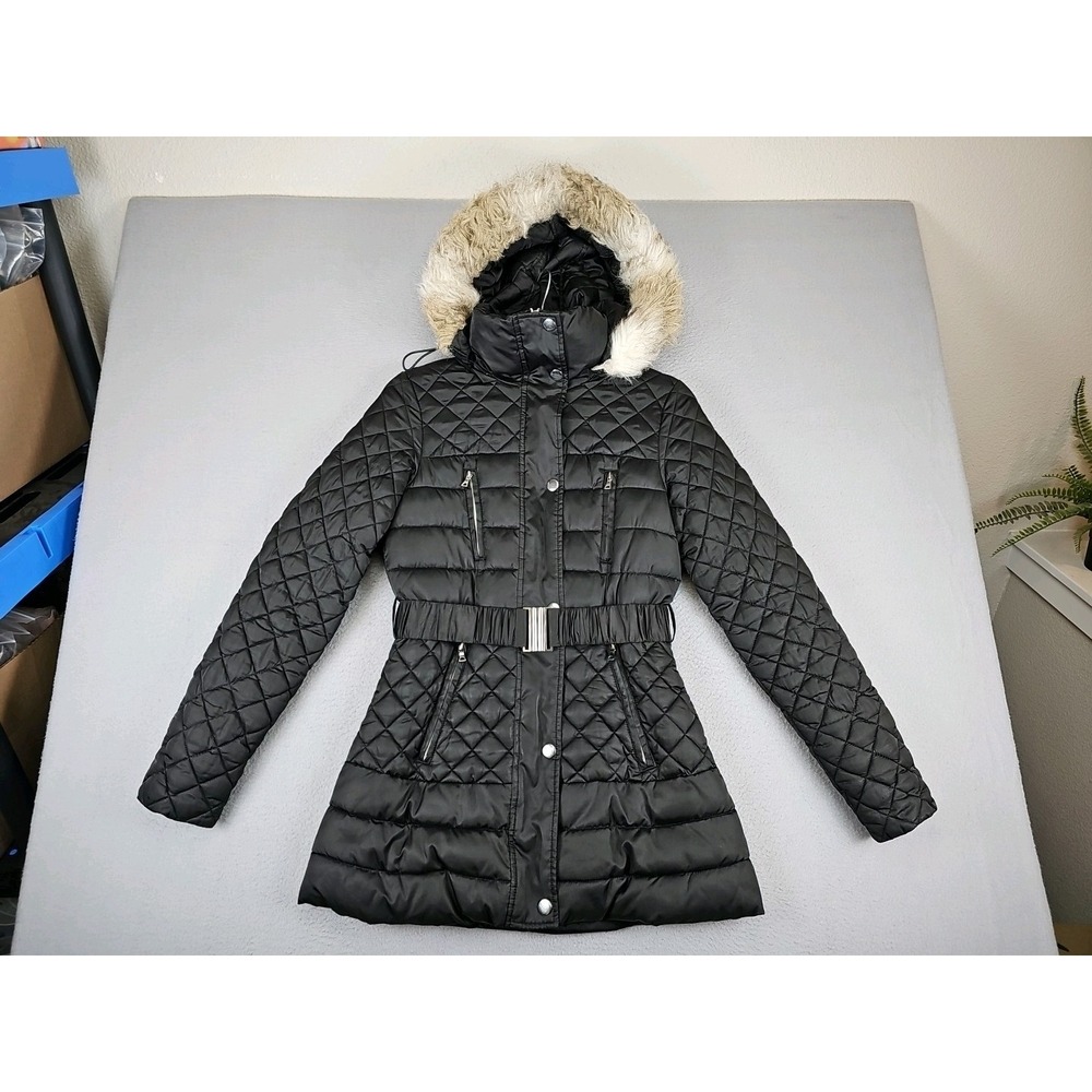 Victoria's Secret Quilted Puffer Jacket Size XS Black Belted Faux Fur Hood 06/14